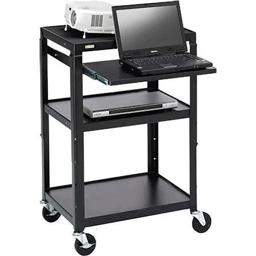 Black Bretford AV Cart with Adjustable Height and Pull-Out Laptop Shelf
