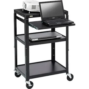 Black Bretford AV Cart with Adjustable Height and Pull-Out Laptop Shelf
