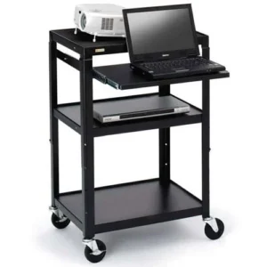Black Bretford AV Cart Featuring Adjustable Height and Pull-Out Notebook Shelf