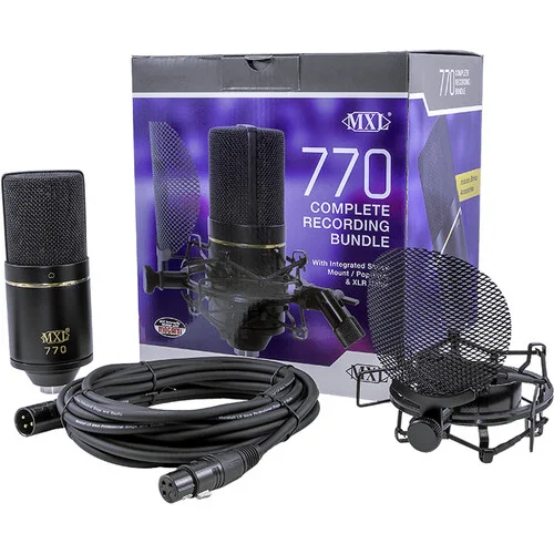 MXL 770 Champagne Condenser Microphone Bundle with SMP-1 Shock Mount and XLR Cable