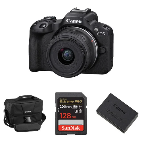 Canon EOS R50 Black Mirrorless Camera with 18-45mm Lens | Essentials+ Bundle