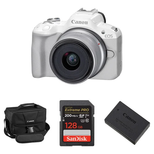 Canon EOS R50 Mirrorless Camera Essentials+ Kit with White 18-45mm Lens