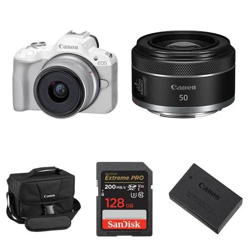Canon EOS R50 White Mirrorless Camera Bundle with 18-45mm Lens, 50mm f/1.8 Lens, and Essentials+ Accessory Kit