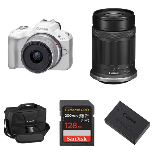 Canon EOS R50 Mirrorless Camera Essentials+ Kit in White with 18-45mm & 55-210mm Lenses