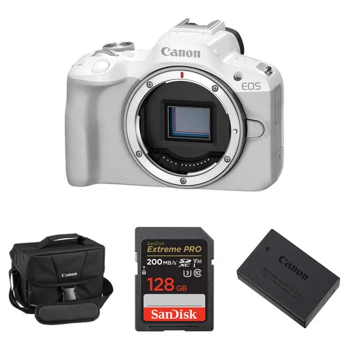 Canon EOS R50 Mirrorless Digital Camera in White with Essential Accessories Bundle